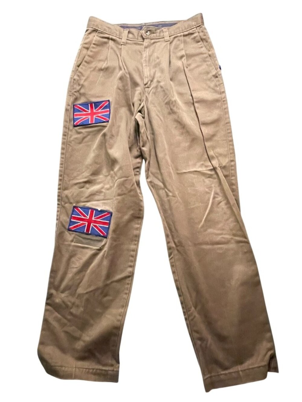 Dockers Mens Khaki Pants With Union Jack Patches Size 29x30 100% Cotton Made In
